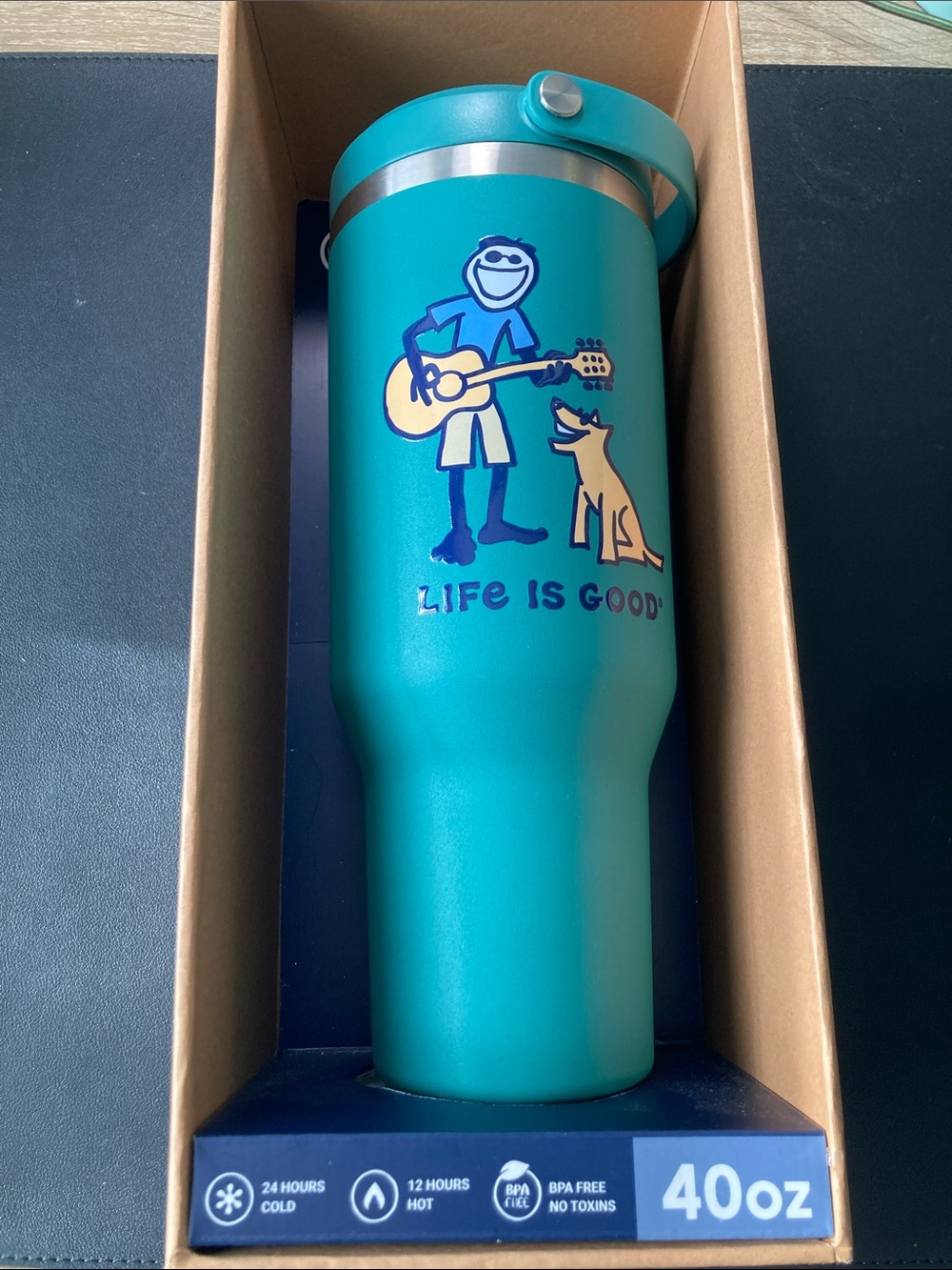 Life is Good 40oz Teal Stainless Nomad spout Travel Tumbler - Dog Graphic